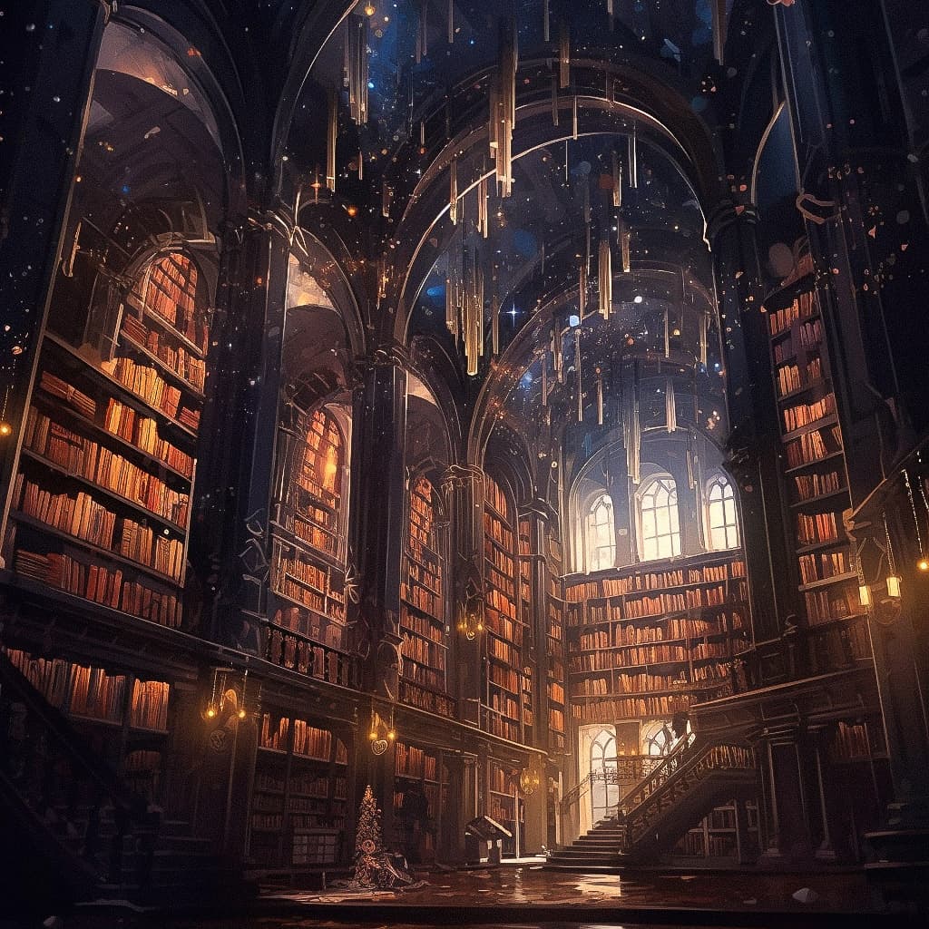 Midjourney prompt for library scene, showcasing photorealism, artistic styles, and detailed architecture in V5.1.