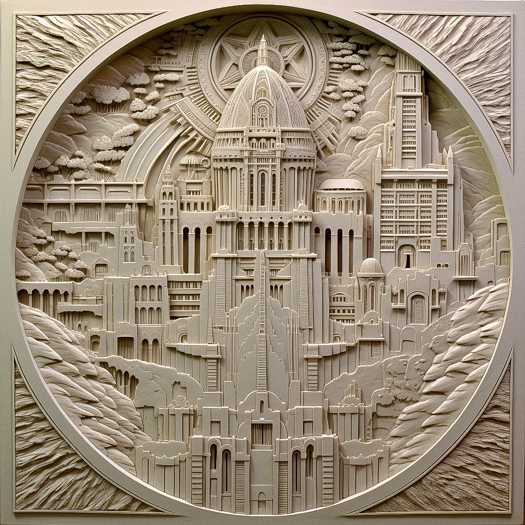 Bas-relief of Minas Tirith generated with Midjourney prompt, showcasing V5.1 features like photorealism and artistic styles.