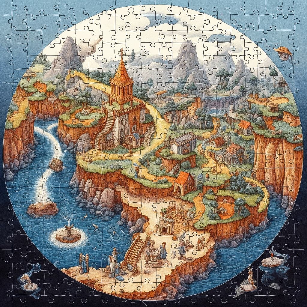 Puzzle of Worlds illustration showcasing detailed landscape, structures, and waterway, highlighting Midjourney prompt techniques for artistic styles and coherence.