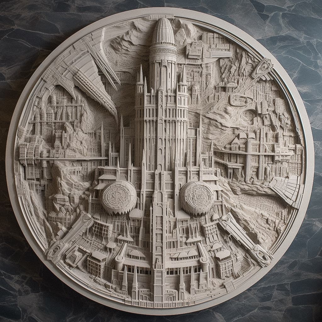 Bas-relief of Minas Tirith, showcasing Midjourney prompt techniques, V5.1 enhancements, photorealism, and artistic styles.