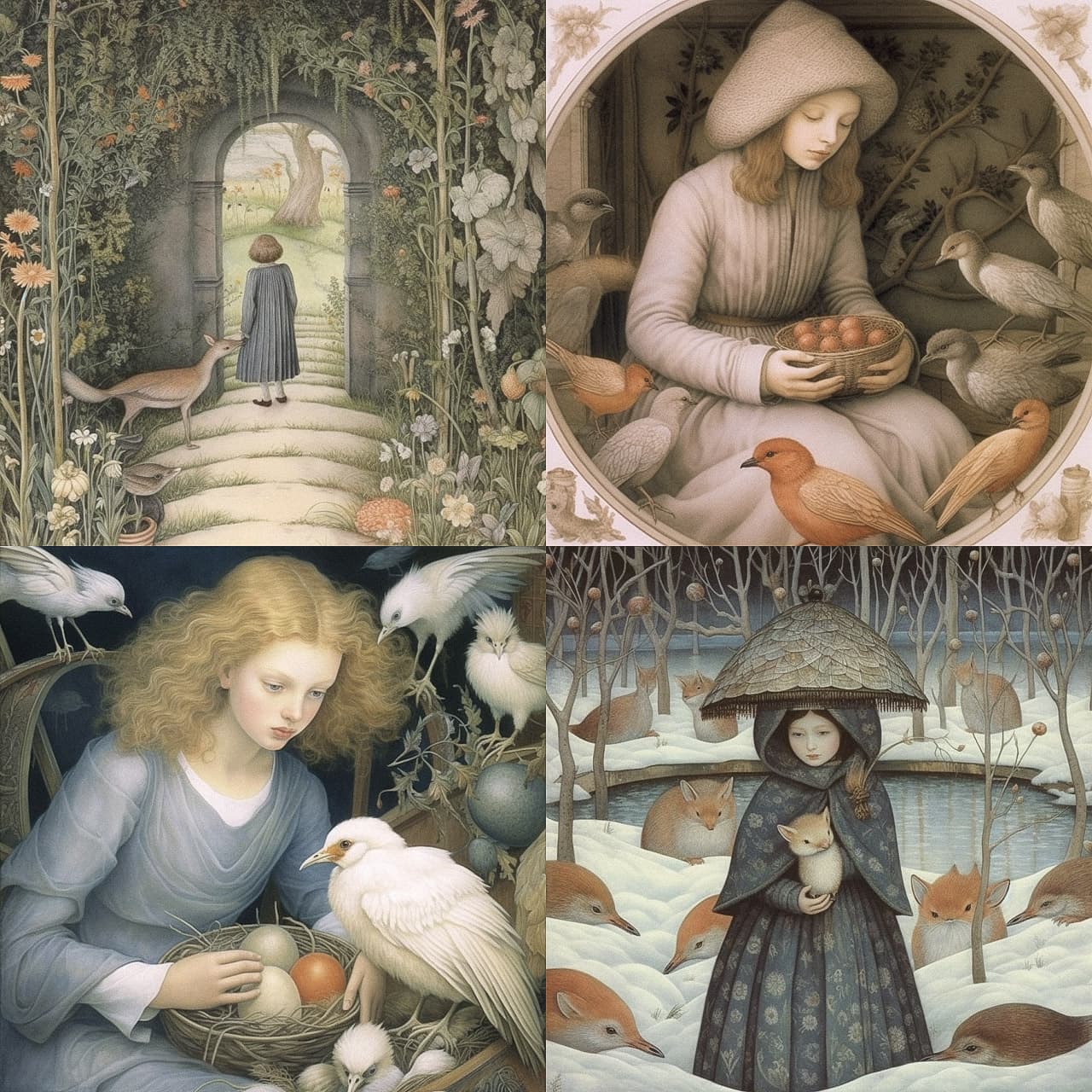 Midjourney prompt showcasing artistic styles, photorealism, coherence, and character interactions in nature, by Angela Barrett --v 5.1.