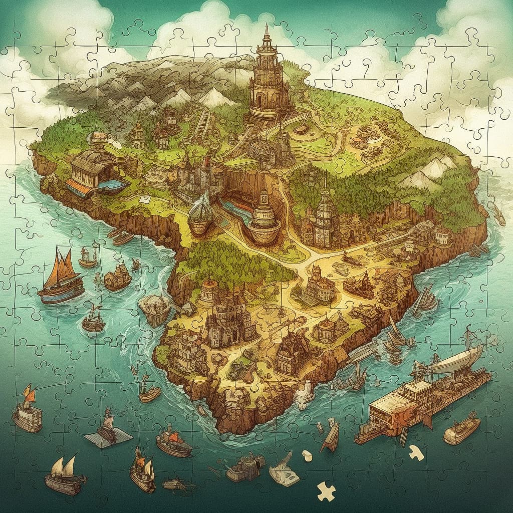 Puzzle of Worlds illustration showcasing Midjourney prompt techniques, artistic styles, and text-to-image AI capabilities.