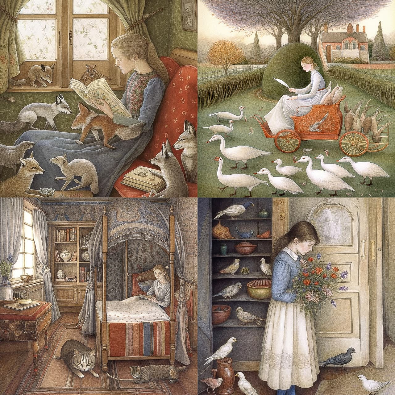 Midjourney prompt showcasing artistic styles, coherence, photorealism, featuring animals and serene scenes, by Angela Barrett --v 5.