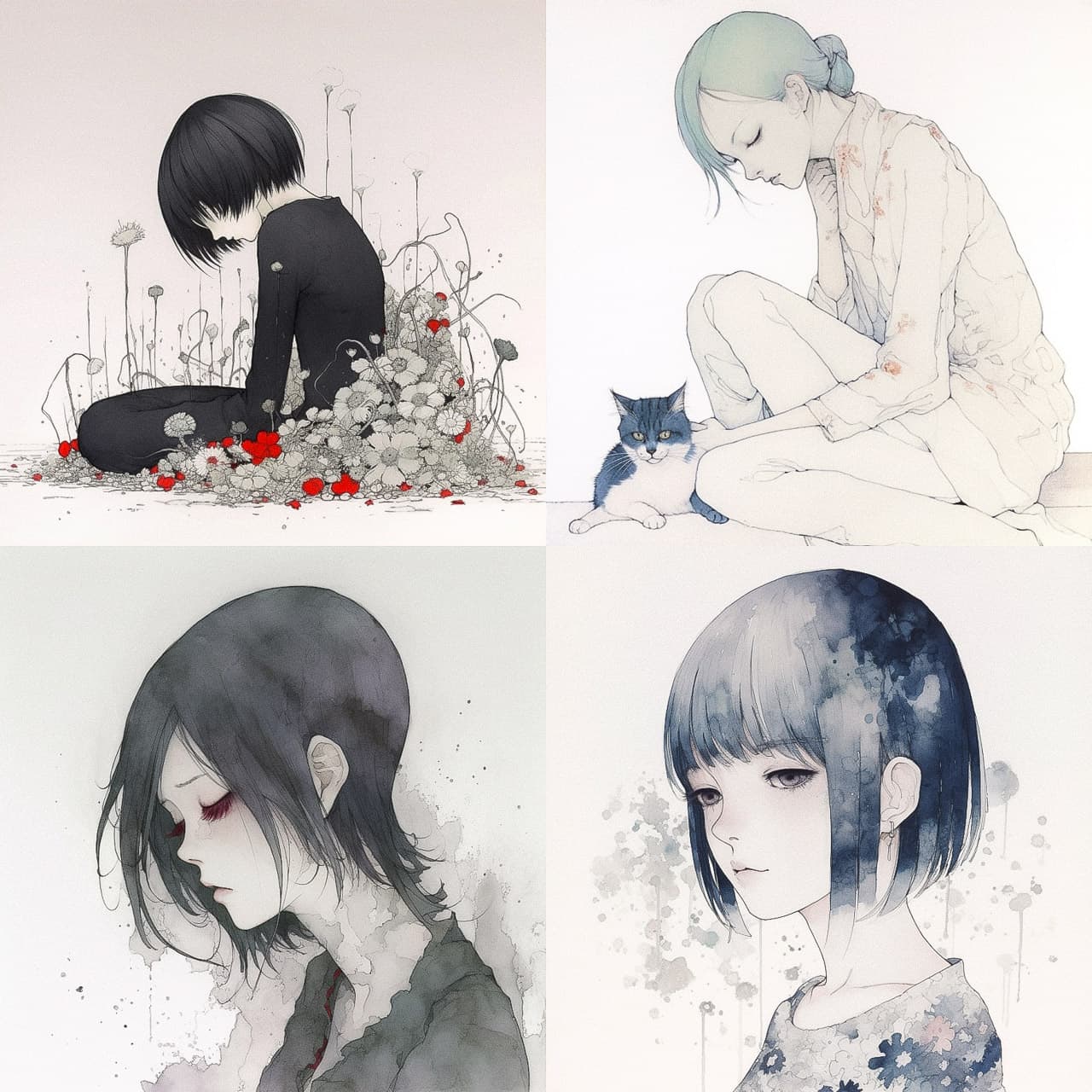 Midjourney prompt showcasing artistic styles, character expressions, floral elements, and emotional themes in Sui Ishida's illustrations --v 5
