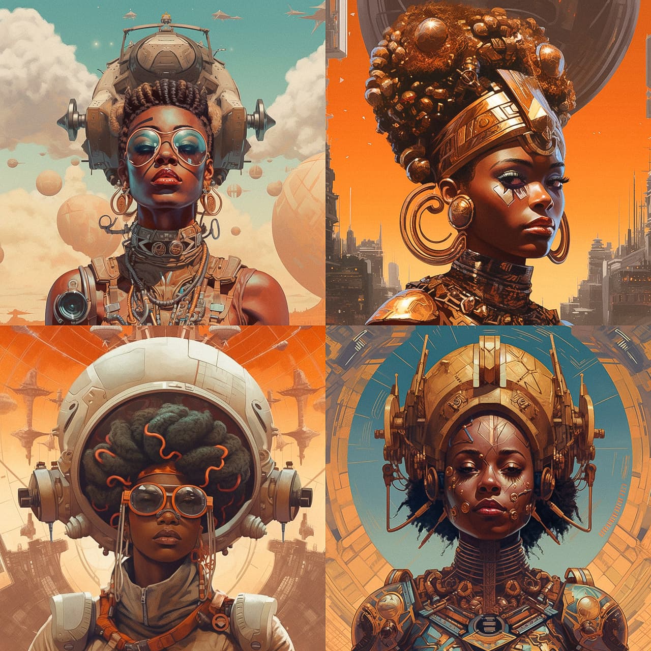 Afrofuturism art showcasing diverse characters, Midjourney prompt, V5.1 features, photorealism, artistic styles, enhanced coherence, RAW Mode.
