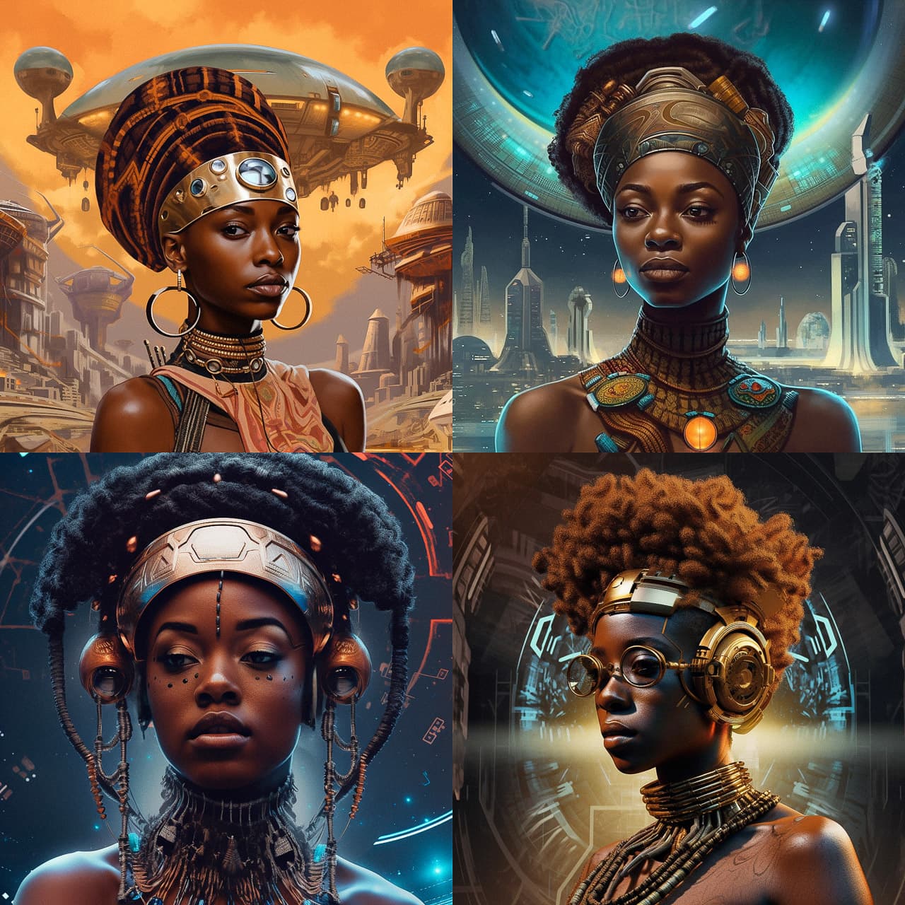 Afrofuturism art showcasing diverse characters, Midjourney prompt techniques, V5.1 enhancements, photorealism, artistic styles, and coherence.