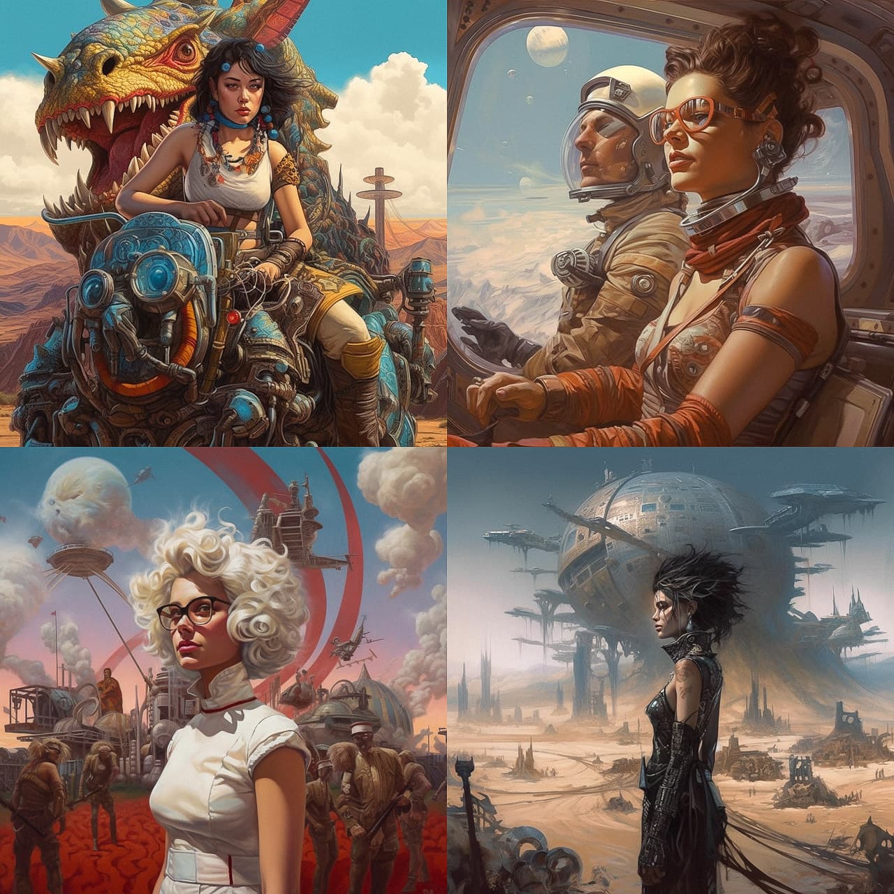 Midjourney prompt showcasing diverse sci-fi art styles, characters, and settings, highlighting V5.1 features like photorealism and coherence.