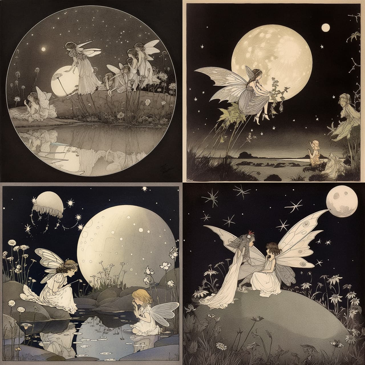 Midjourney prompt showcasing fairy illustrations by Ida Rentoul Outhwaite, highlighting artistic styles, photorealism, and coherence in V5.1.