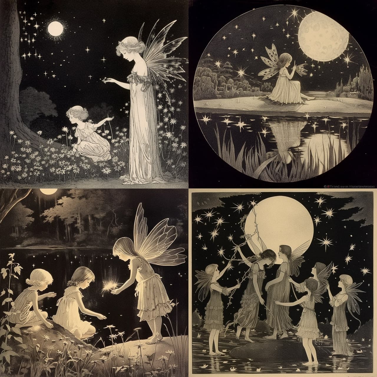 Midjourney prompt showcasing fairy illustrations, emphasizing artistic styles, photorealism, and coherence in V5.1 enhancements by Ida Rentoul Outhwaite.