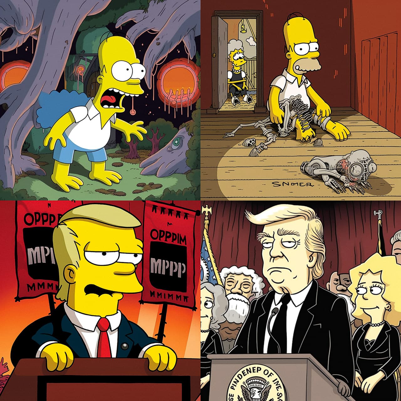 Midjourney prompt showcasing cartoon scenes featuring Homer Simpson in various scenarios, highlighting artistic styles and humor.