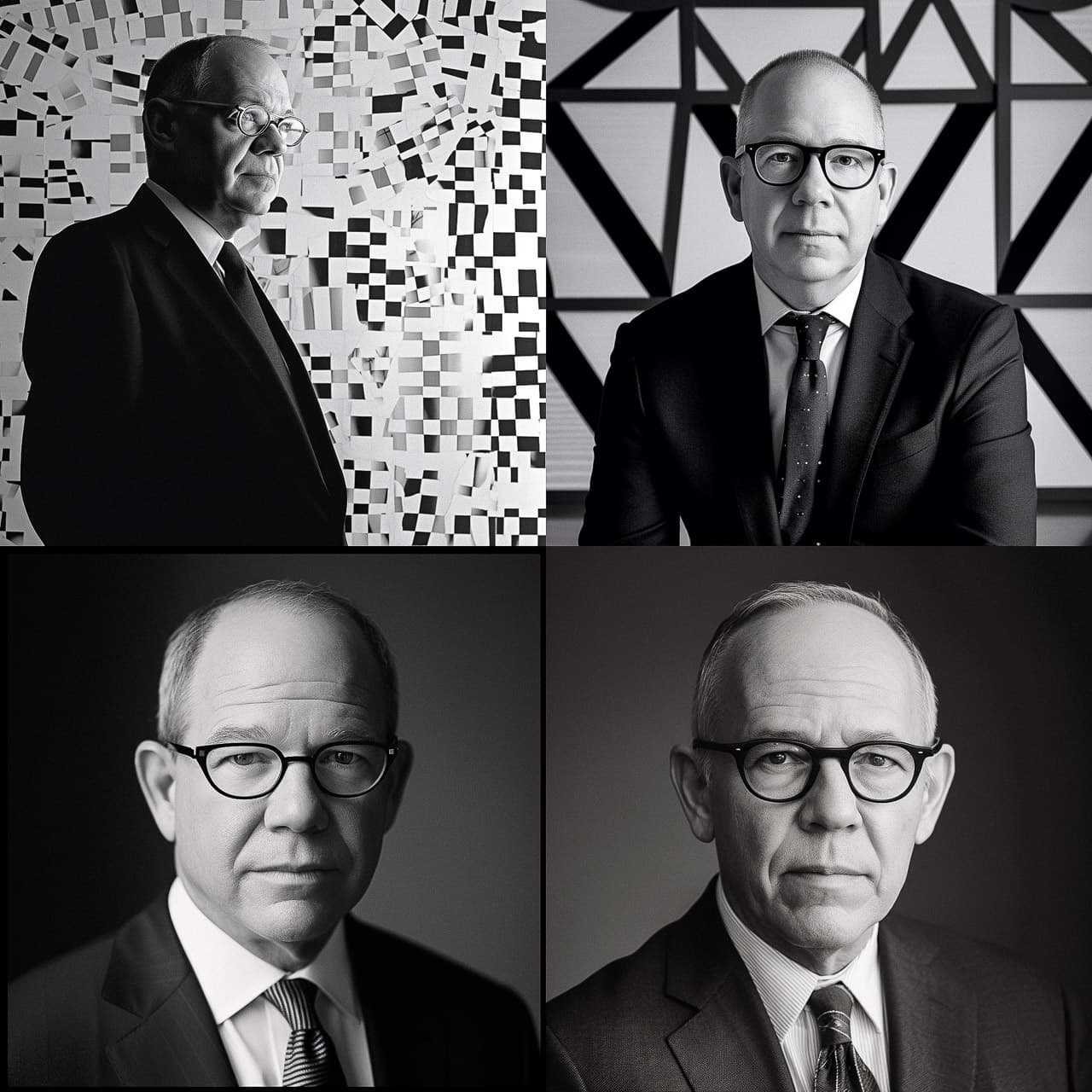 Midjourney prompt showcasing black and white portraits, highlighting artistic styles and photorealism in V5.1 enhancements by Michael Bierut.