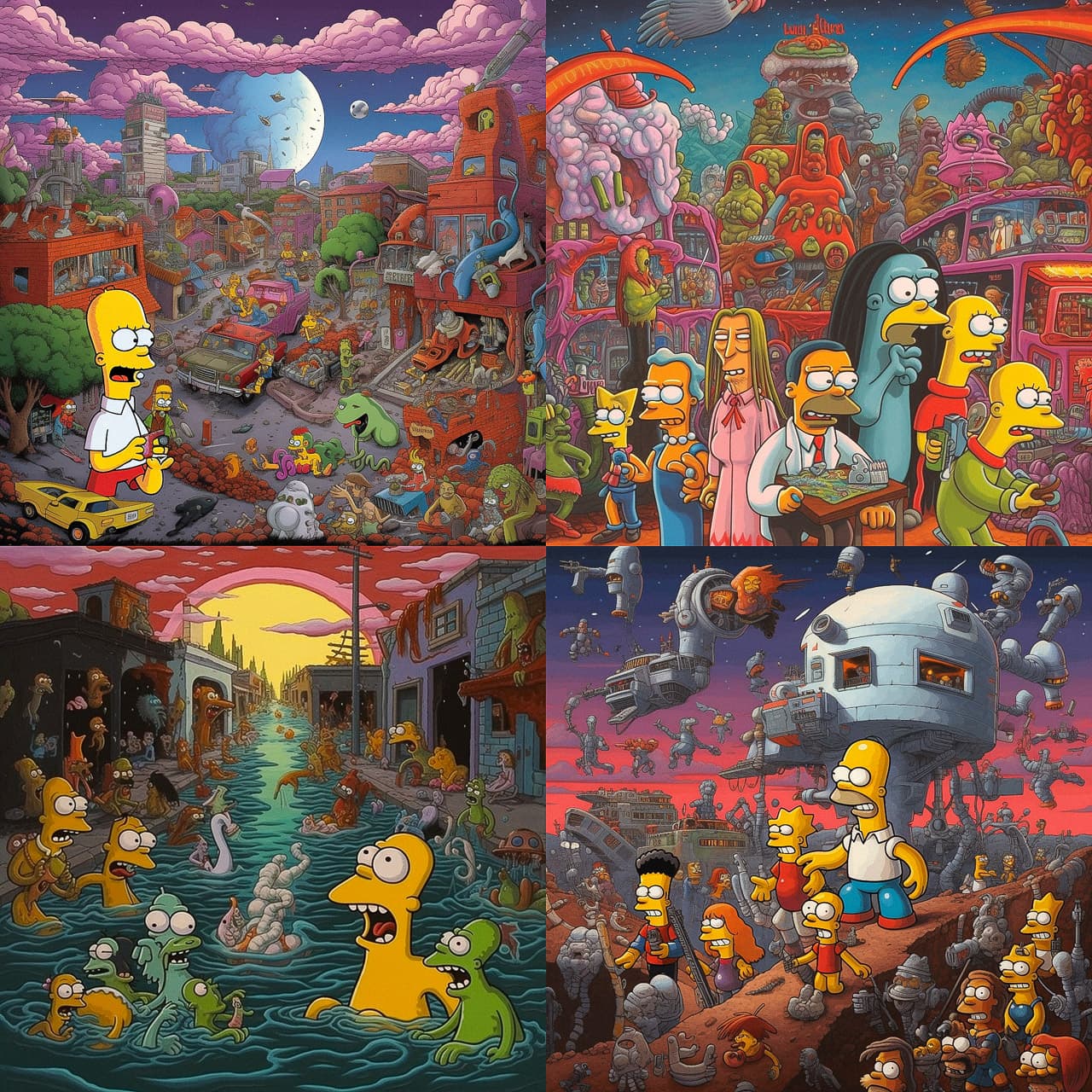 Midjourney prompt showcasing Simpsons characters in surreal, chaotic environments, highlighting artistic styles and details in V5.1.