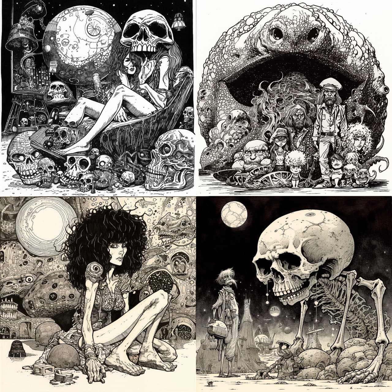 Midjourney prompt showcasing surreal art styles, skull motifs, and imaginative characters in black and white illustrations.