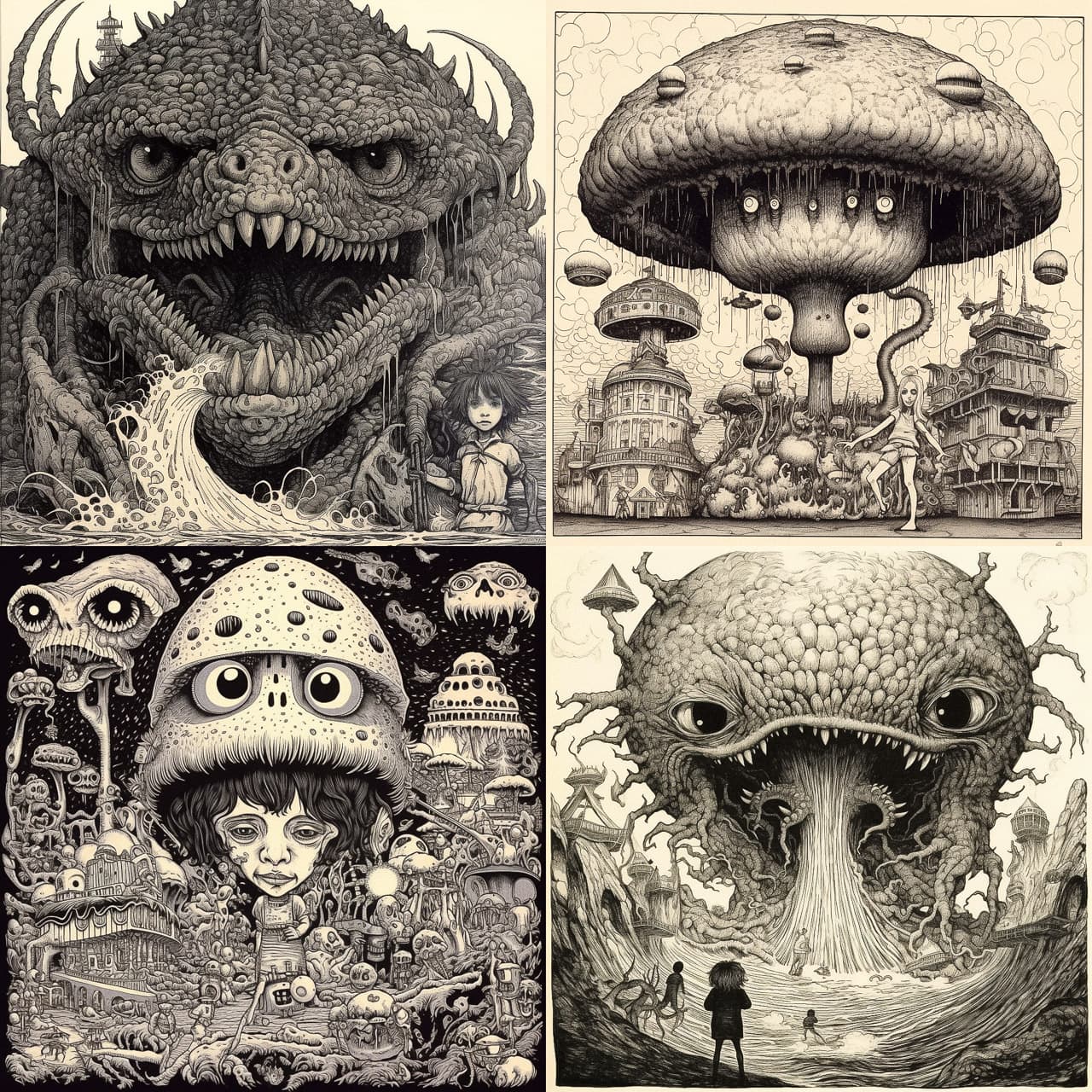 Midjourney prompt showcasing surreal illustrations with monsters, mushrooms, and intricate details, highlighting V5.1 enhancements in artistic styles and coherence.