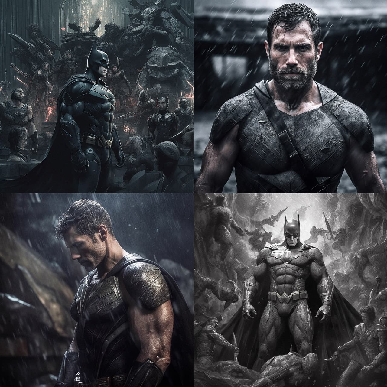Midjourney prompt showcasing Batman and characters in dark, detailed scenes, emphasizing photorealism, artistic styles, and coherence in V5.1.