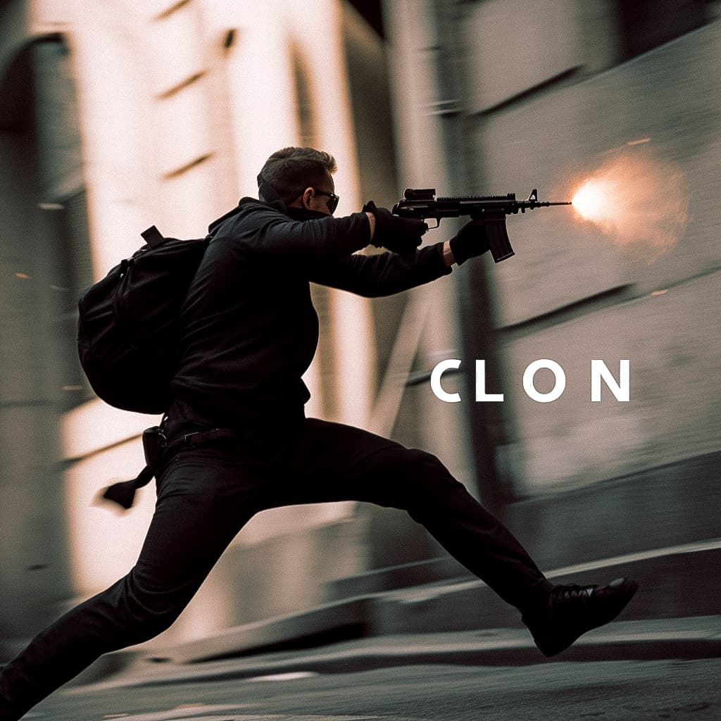 Midjourney prompt for action scene with photorealism, coherence, artistic styles, showcasing character in motion with weapon.