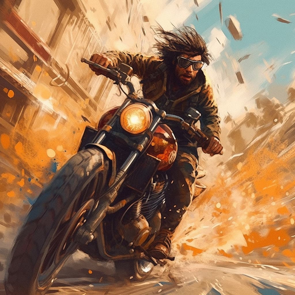 Midjourney prompt showcasing motorcycle action scene, emphasizing photorealism, artistic style, and dynamic movement in V5.1.