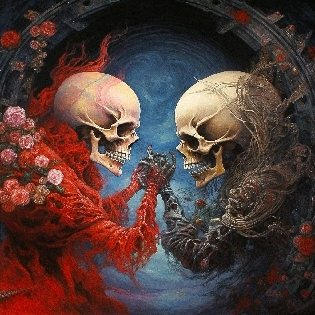 Midjourney prompt showcasing dual skulls, artistic styles, photorealism, RAW Mode, V5.1 enhancements, instance between birth and death.