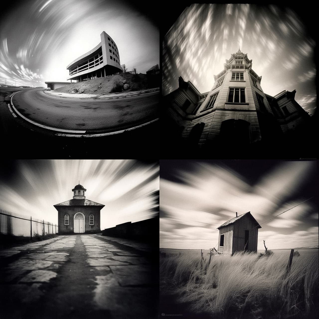 Pinhole photography examples showcasing Midjourney prompt techniques, V5.1 enhancements, photorealism, artistic styles, and RAW Mode features.