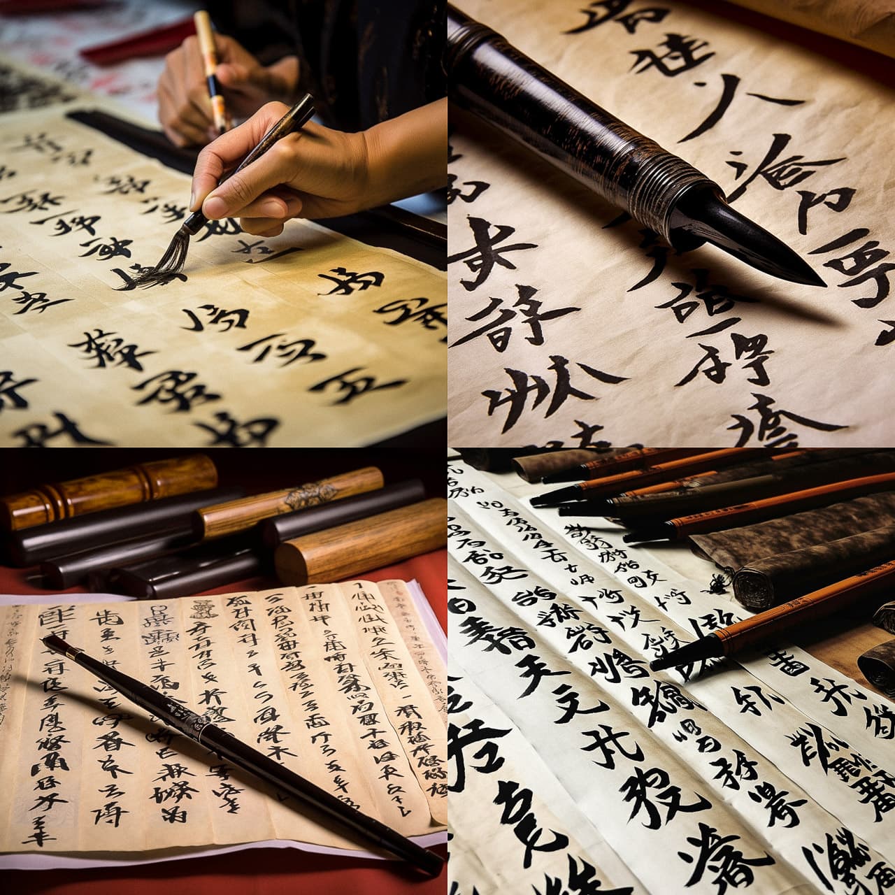 Calligraphy techniques using Midjourney prompt for text-to-image generation, showcasing artistic styles and tools.