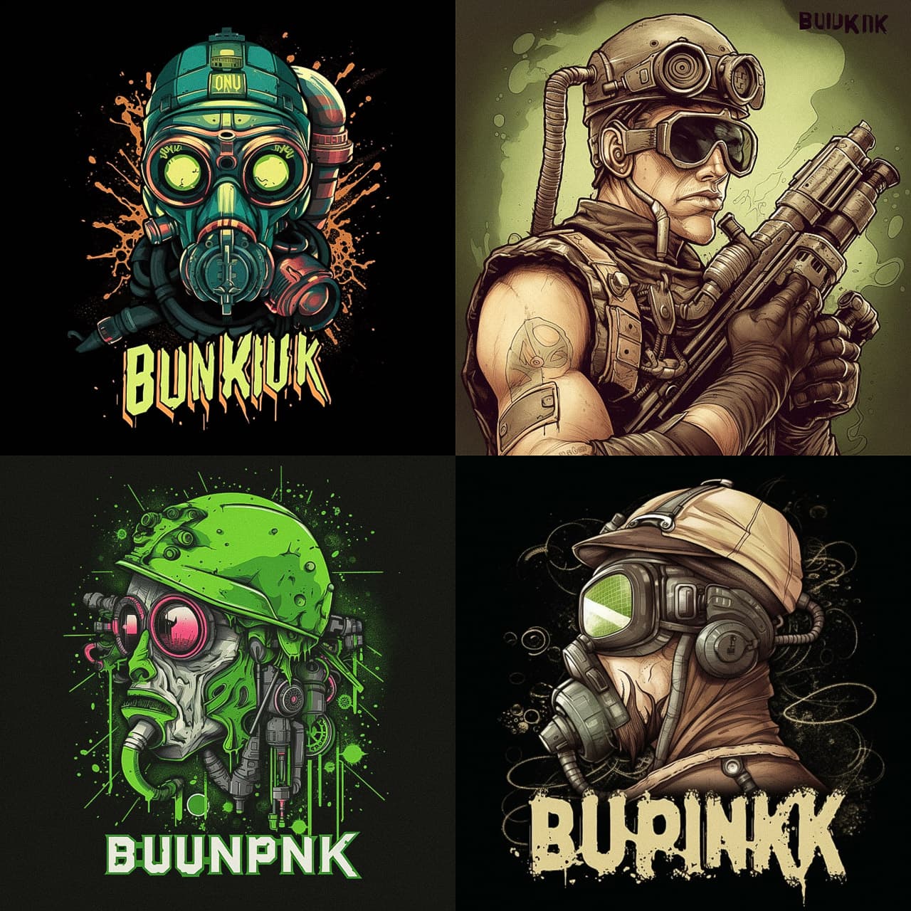 Biopunk art style featuring characters with gas masks and military gear, showcasing Midjourney prompt techniques and artistic variations.