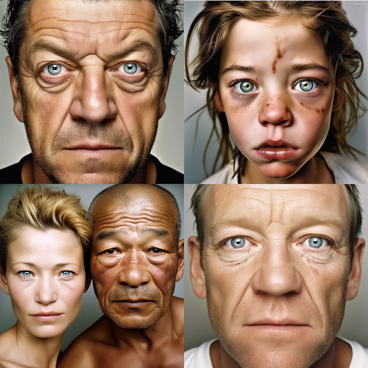 Midjourney prompt showcasing diverse human faces, emphasizing photorealism, detail, and emotional depth in V5.1 enhancements.