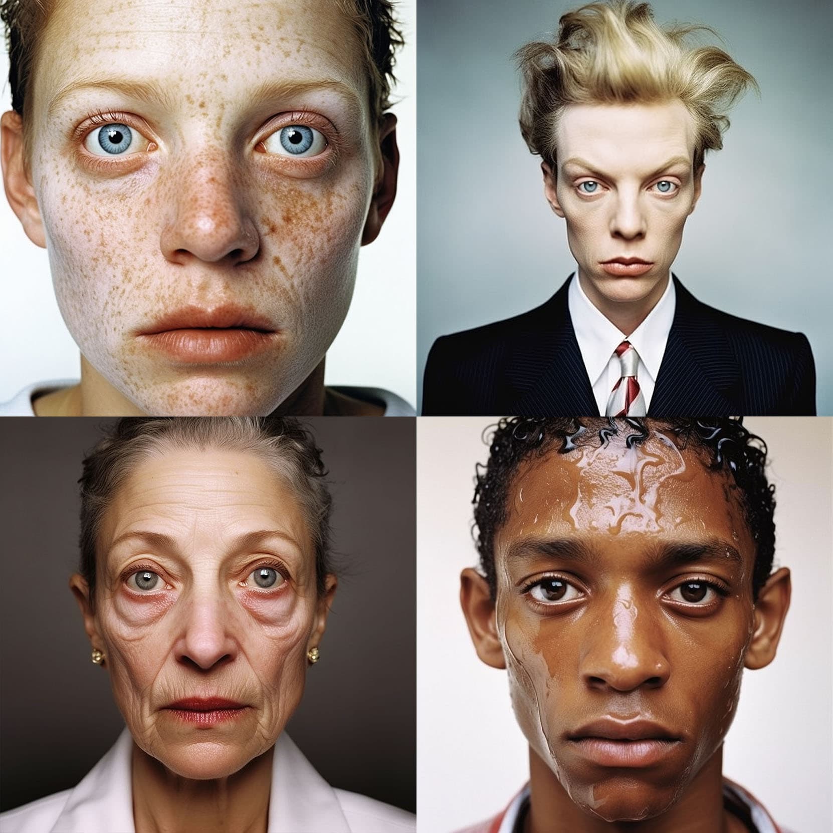 Midjourney prompt showcasing diverse human portraits, emphasizing photorealism, detail, and artistic styles in V5.1.