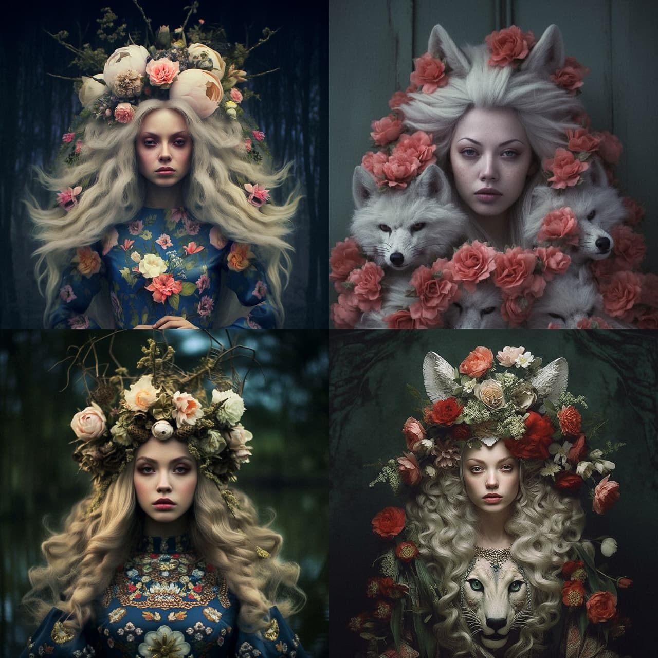Midjourney prompt showcasing floral and animal motifs, artistic styles, photorealism, and character design in V5.1.