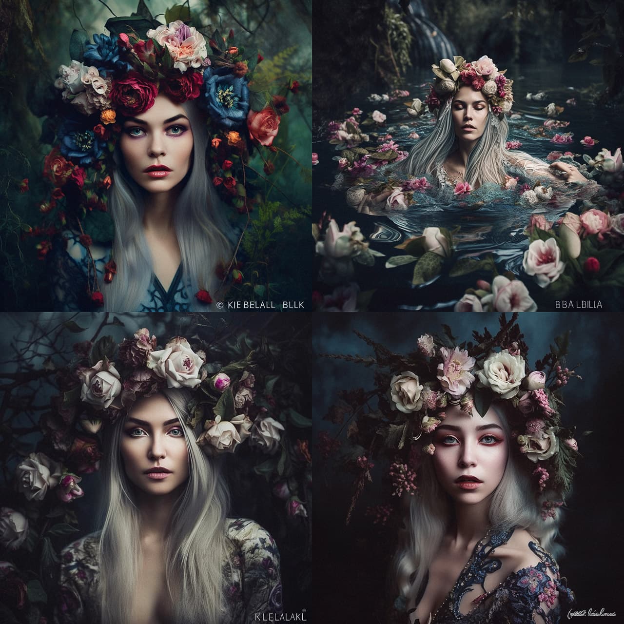 Midjourney prompt showcasing floral-themed portraits, highlighting photorealism, artistic styles, and enhancements in V5.1.