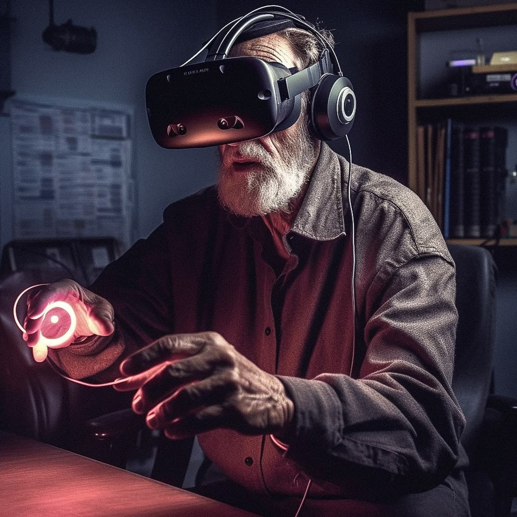 Elderly man using virtual reality headset with controllers, showcasing Midjourney prompt for immersive experience.