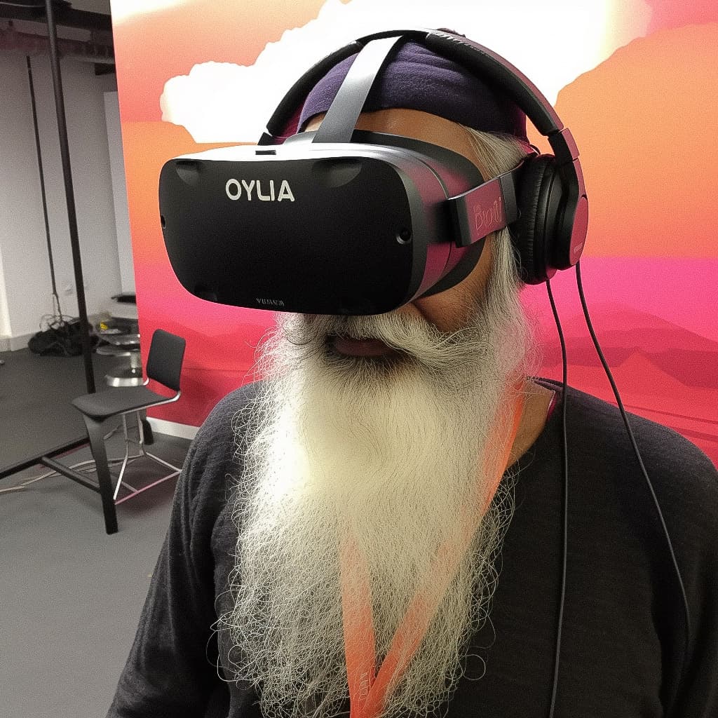 User wearing VR headset in virtual reality environment, showcasing Midjourney prompt capabilities and immersive experiences.
