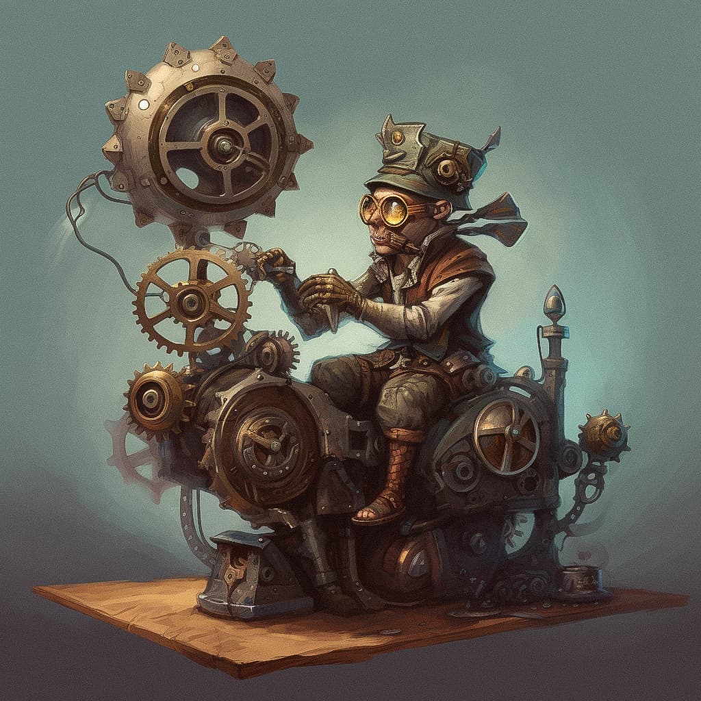 Mechanical trickster character with gears and machinery, showcasing Midjourney prompt techniques for artistic styles and photorealism.