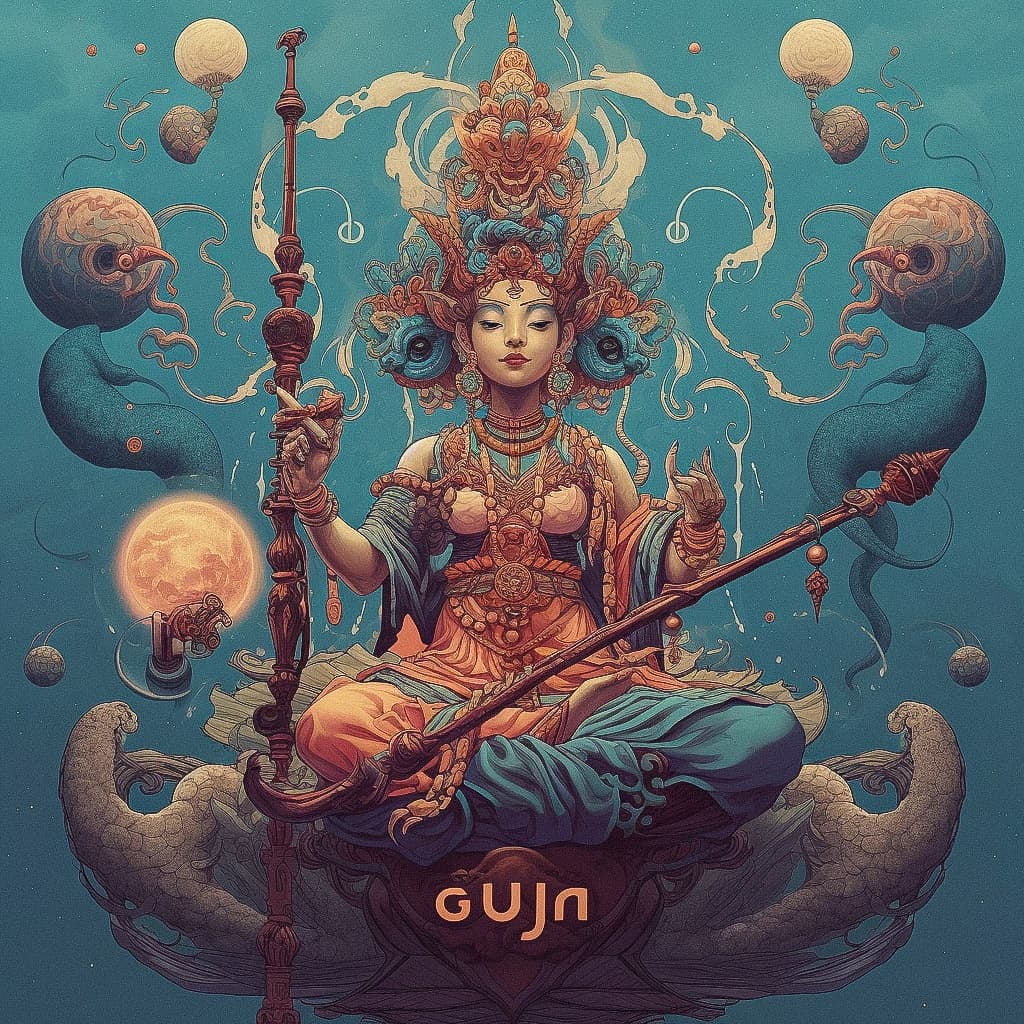 Midjourney prompt for generating artistic representation of deity with intricate details, photorealism, and cosmic elements in V5.1.