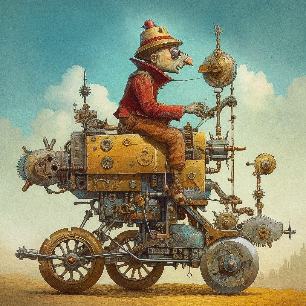 Mechanical trickster character operating steampunk vehicle, showcasing Midjourney V5.1 prompt capabilities, artistic styles, and photorealism.