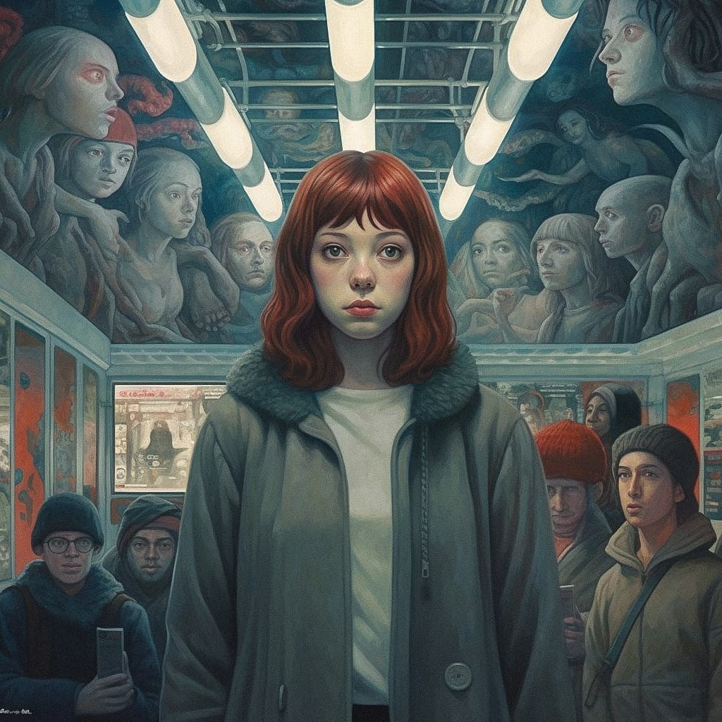 Midjourney prompt for stranger in subway, V5.1, showcasing photorealism, artistic styles, enhanced coherence, and prompt handling.
