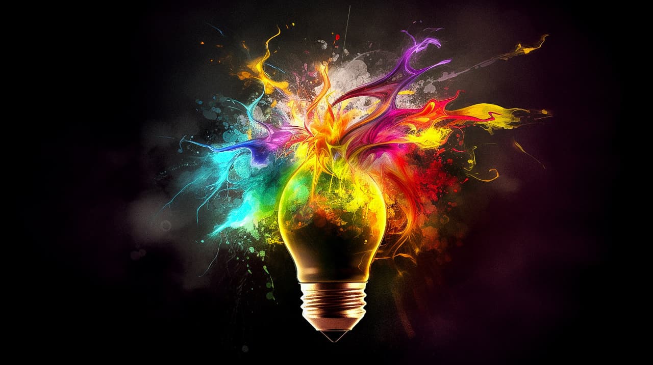 Colorful explosion from light bulb representing creativity in Midjourney prompt generation for artistic styles.