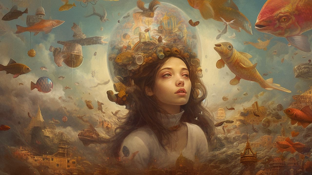Midjourney prompt showcasing surreal imagery with fish, ethereal elements, and a contemplative figure, highlighting V5.1 capabilities in artistic styles.