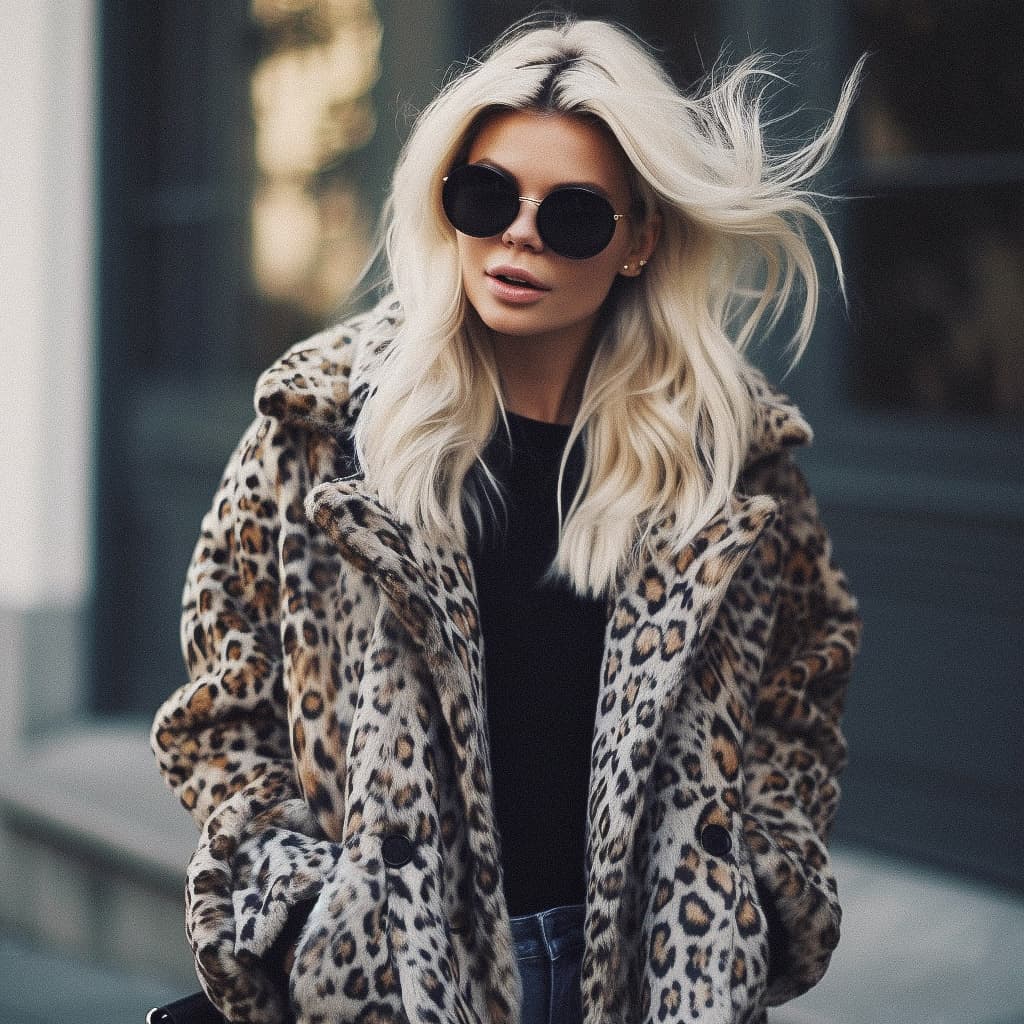 Midjourney prompt showcasing fashion style with leopard print coat, sunglasses, emphasizing artistic styles and photorealism.