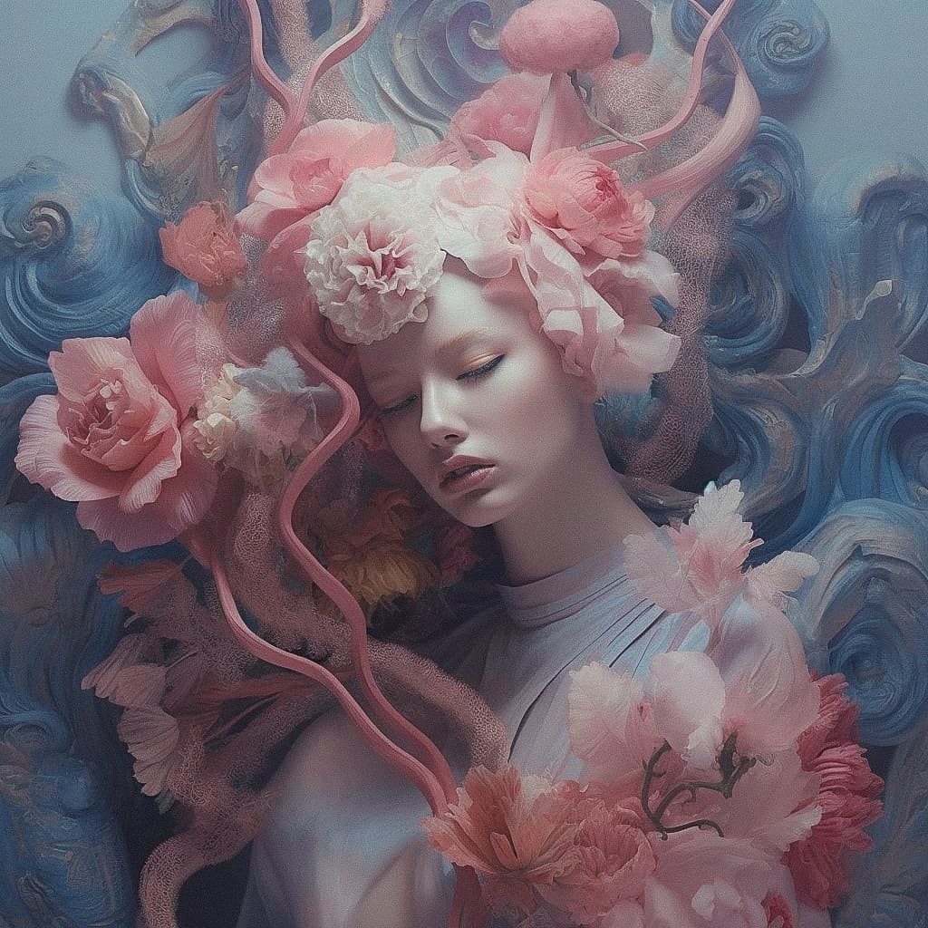 Midjourney prompt showcasing floral aesthetics, photorealism, artistic styles, version 5.1 enhancements, detailed image generation.