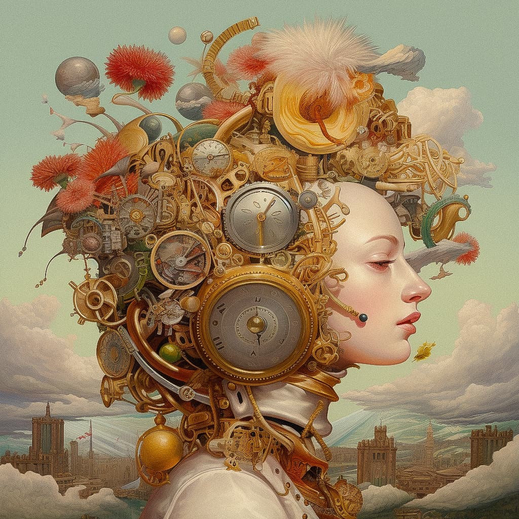 Midjourney prompt showcasing intricate steampunk-inspired portrait with clocks, gears, and artistic details, highlighting V5.1 capabilities.
