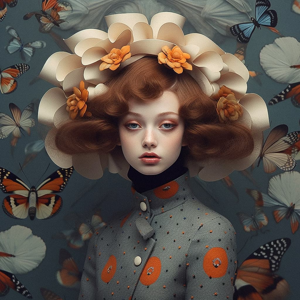 Midjourney V5.1 prompt showcasing photorealism, artistic styles, and detailed textures in fashion illustration with butterflies.