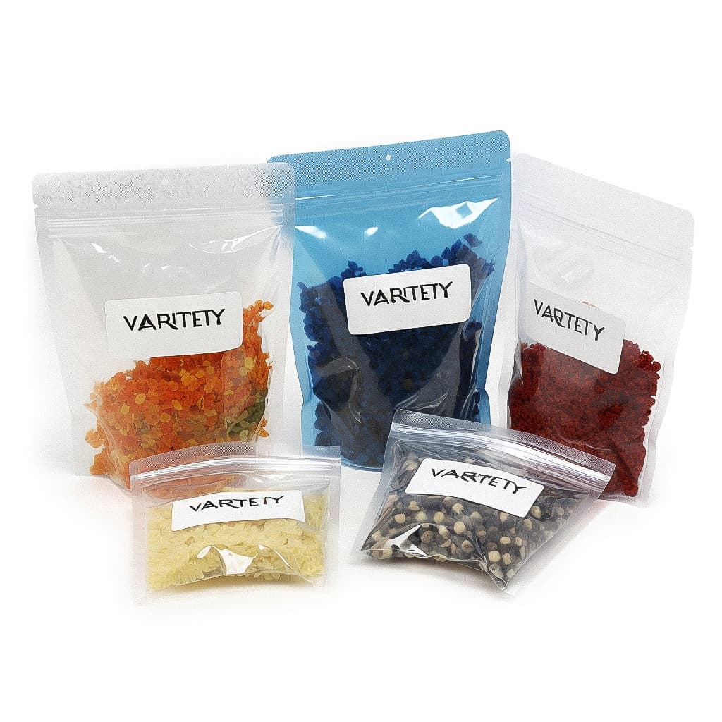 Variety of colored packets with labels, showcasing different textures and materials for Midjourney prompt generation.
