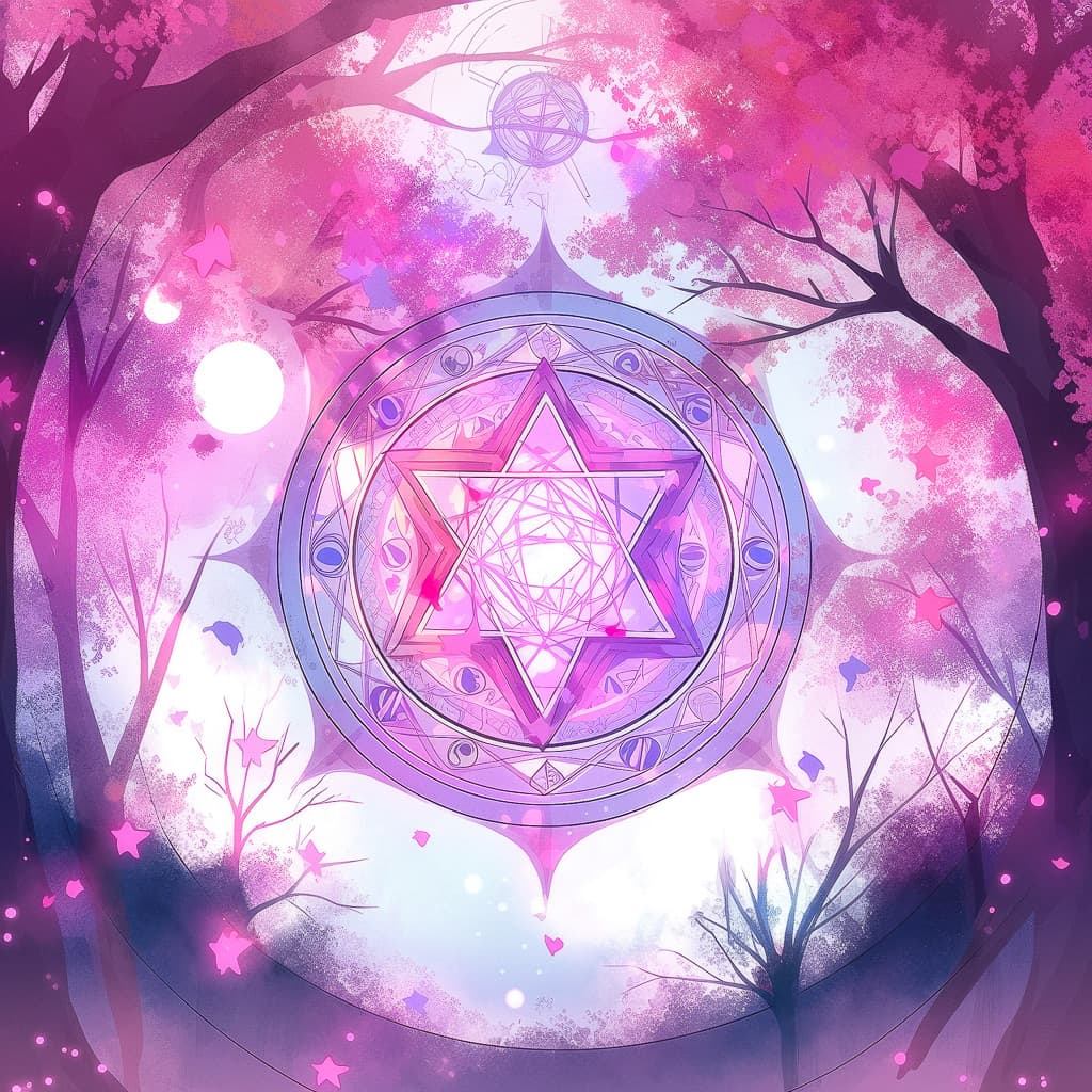 Magical circle design in pink hues, showcasing Niji 5 anime aesthetics, prompt engineering techniques, and digital art styles in Midjourney.