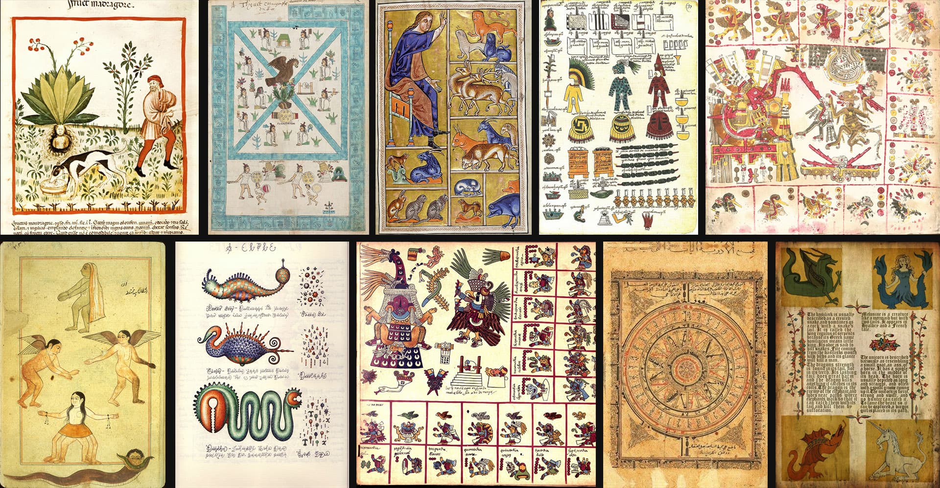 Original codices, manuscripts, bestiaries showcasing Midjourney prompt engineering, historical styles, Voynich Manuscript, Codex Seraphinianus, Codex Gigas, Devil's Bible.