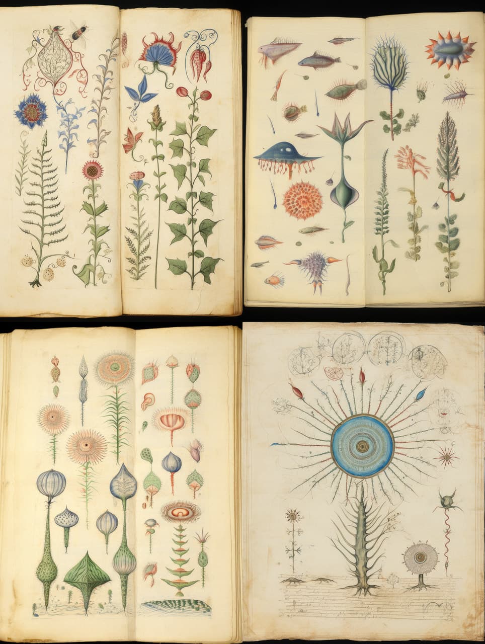 Voynich Manuscript illustrations showcasing flora and fauna, demonstrating Midjourney prompt engineering for historical art styles.