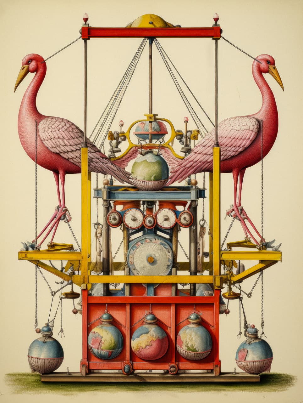 Crane machine from Codex Seraphinianus page, showcasing Midjourney prompt engineering for manuscripts and bestiaries.