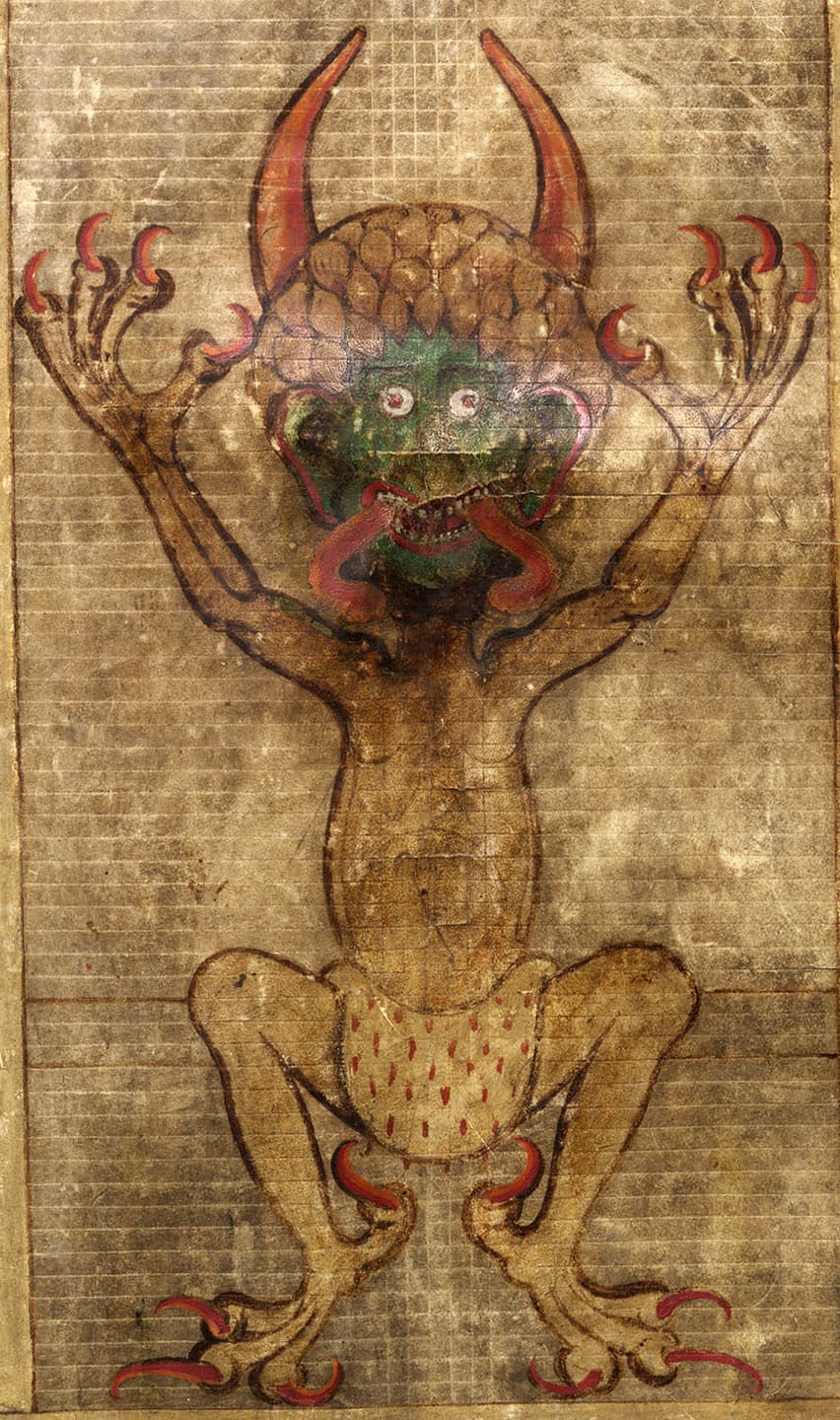 Devil illustration from Codex Gigas, showcasing Midjourney prompt engineering for historical manuscripts.