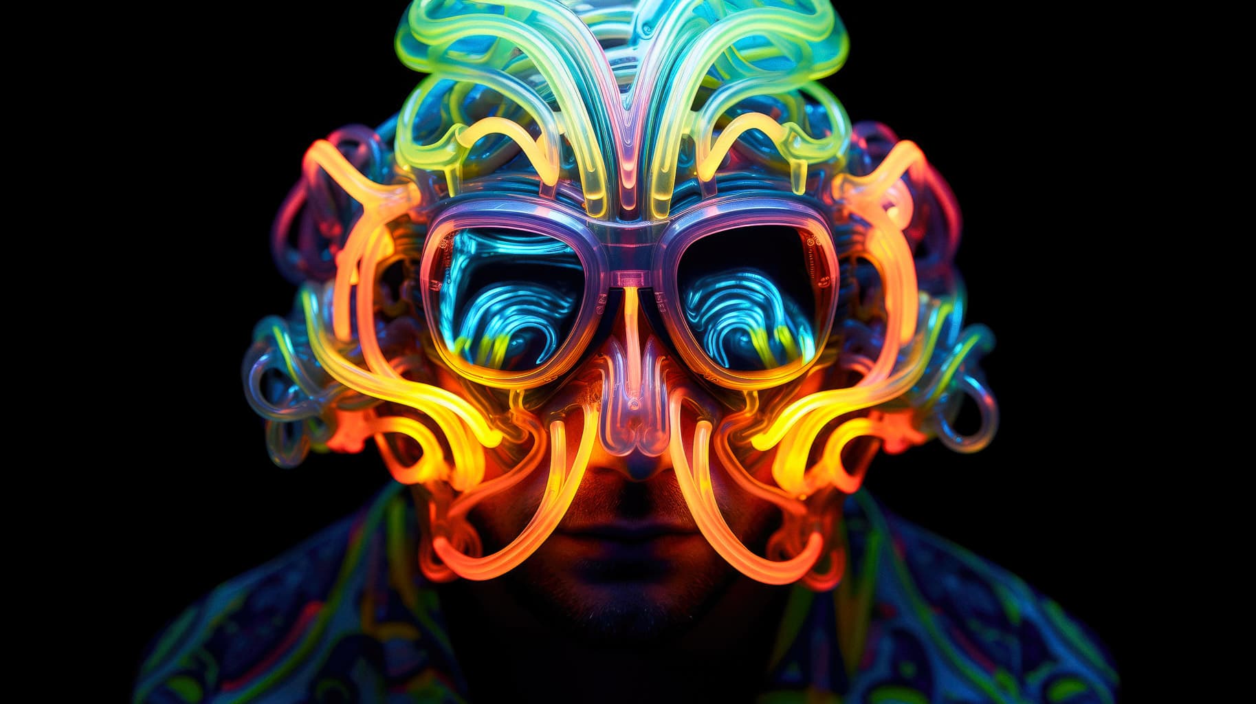 Midjourney prompt for intricate neon tubes mask, exploring cultural significance, artistic expression, and prompt engineering techniques.