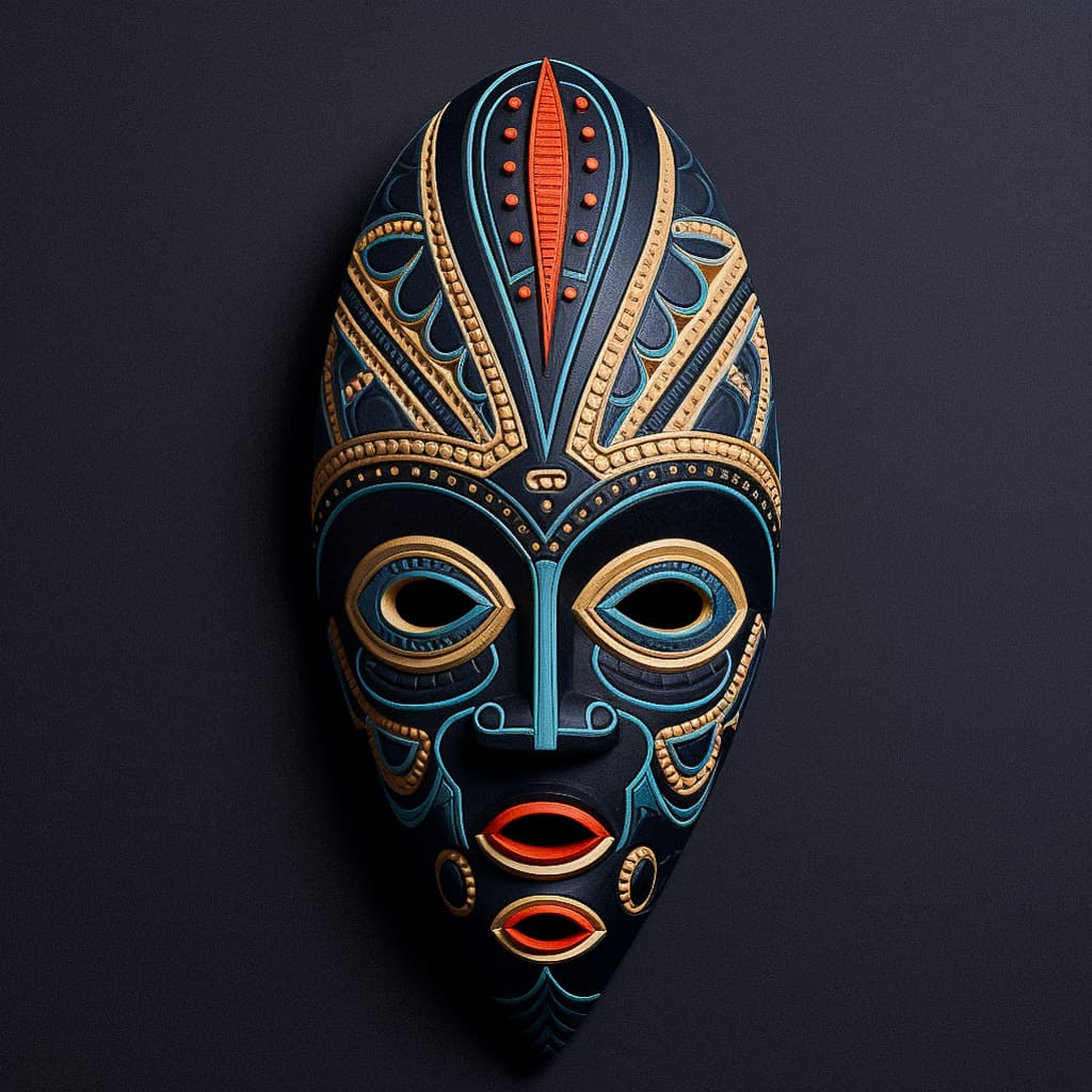 African mask design showcasing cultural significance, created using Midjourney prompt engineering techniques, version 5.2.