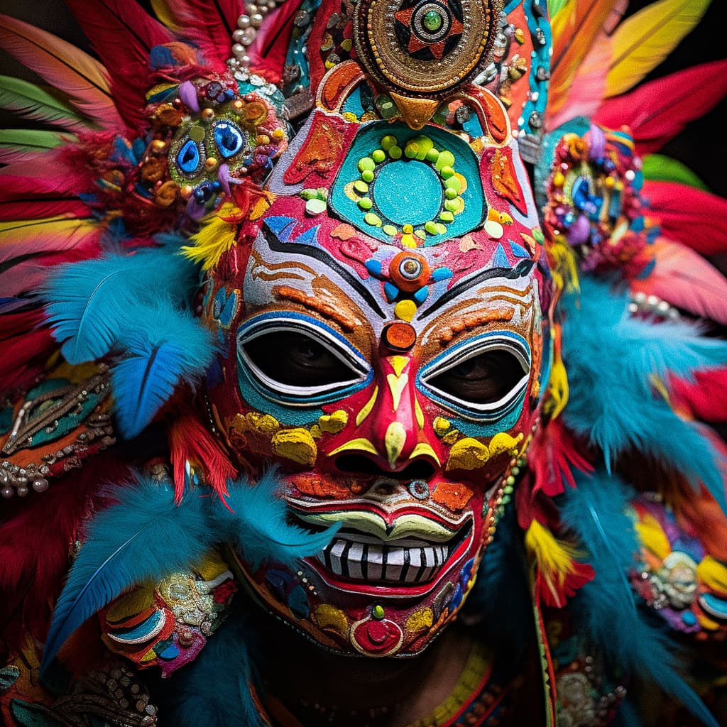 Junkanoo mask showcasing vibrant colors and feathers, illustrating cultural significance in Midjourney prompt engineering.